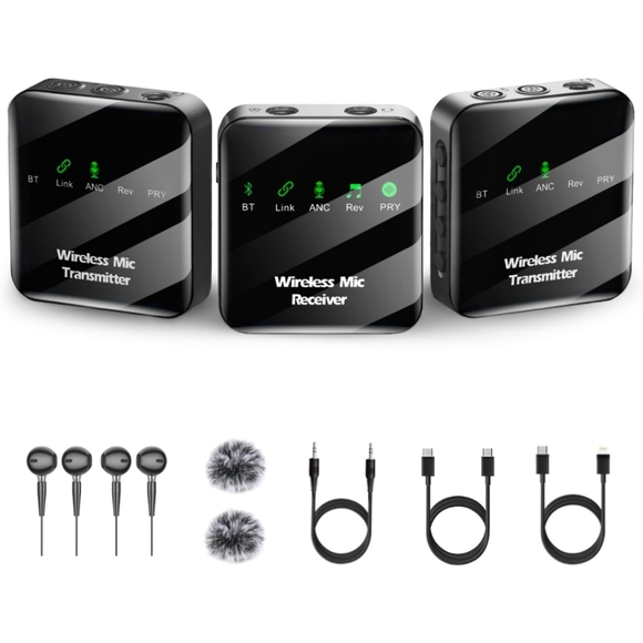 Mic (2 TX + 1 RX), Wireless Lavalier Microphone, 10-Hour Recording - Picture 1 of 7